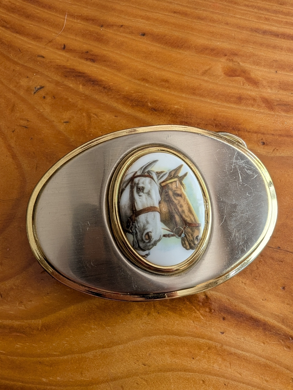 Vintage 1980's Porcelain Horse Mare Stallion Portrait Belt Buckle